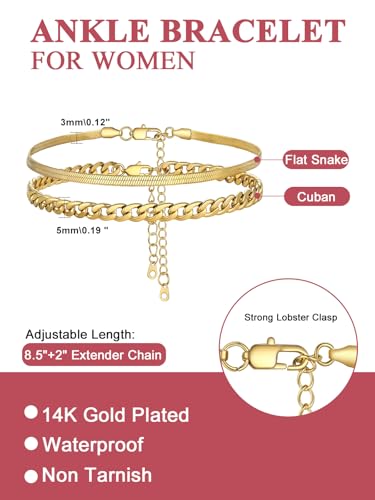 Image of FOCALOOK Anklet Bracelets Set for Women, 14K Gold Plated Waterproof Cuban Link Chain Layered Anklets Set for Plus Size Ankle 8-10.5 Inch Adjustable Summer Beach Jewelry Gift