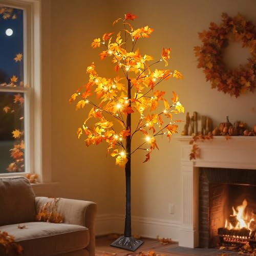 DR.DUDU 5 FT Fall Decorations for Home, Lighted Fall Maple Tree with LED Lights - Artificial Autumn...