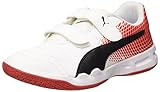 Veloz Indoor NG Jr. Hallen-Fußballschuhe: Die Kinder-Hallenschuhe im stylischen Puma White erhalten durch die Details in Rot und den Formstripe in Schwarz ihren unverkennbaren Look