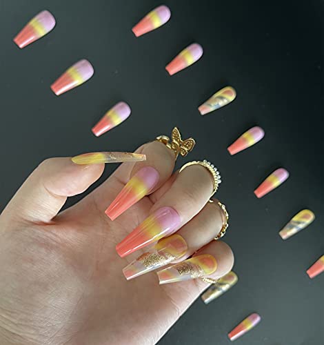 Super Long Fall Fake Nails-Coffin Glossy Press on Nails for Autumn Thanksgiving Day，Pumpkin Orange Yellow Clear Gradient