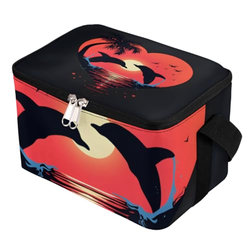 GzLeyigou Lunch Bags for Women Men 9 Cans,Dolphin Heart Sunset Hot & Cold Food Delivery Bag Insulated Grocery Bag Insulated Lunch Box Dolphins Cooler Bag for Office Work Picnic Beach