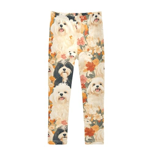 Cute Dog Flower Print Girls Leggings Ultra Soft Compression Yoga Gym Pants for Kids 4-10T