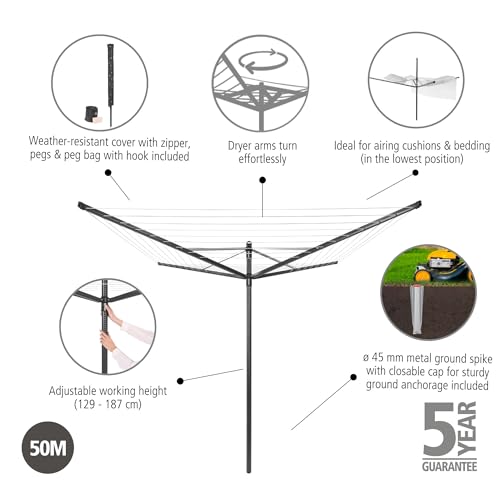 Image of Brabantia Lift-O-Matic Outdoor 4 Arm Clothesline (164 ft /O 1.8 inch) Height Adjustable, Folding Clothes Drying Rack + Ground Spike, Cover + Bag of Clothespins (Anthracite)