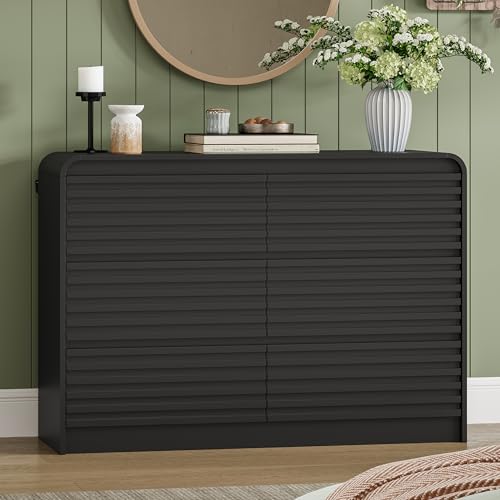 Image of 6 Drawer Dresser for Bedroom, 47 inch Wide Fluted Dresser with Curved Edge and Ergonomic Handleless, Large Wooden Clothes Storage Organizer, Modern Chest of Drawers for Closet, Living Room, Black