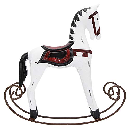 Retro Vivid Wooden Crafts Rocking Horse Desk Decor,Small Size Carved Painted Rocking Horse Toy for Living Room Office Cafe Bar Decor(White)