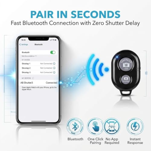 Image of skysia Bluetooth Remote for Mobile Wireless Camera Shutter Button | Photo Clicker Remote for Selfie Stick, Tripod & Vlogging | Compatible with iPhone, Android Smartphones & Tablets, Black (Pack of 1)