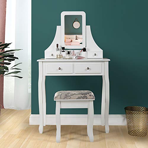 JAXSUNNY White Vanity Dressing Table with Stool Mirror Jewelry Cabinet for Dressing and Makeup Table Set for Women Girls