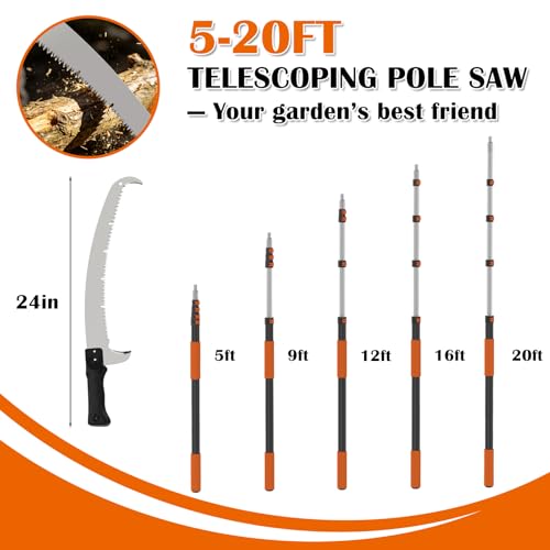Image of Buyplus 26FT Reach Pole Saws for Tree Trimming, Pole Saw with 5-20FT Telescoping Extension Pole, Pruning Saw with 24 inch 3X Detachable Saw, Non-Slip Handle, Tree Trimmer for Garden Yard Palms Shrubs