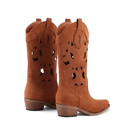 Image of LingxiaUne Cowboy Boots for Women Floral Cowgirl Boots with Pointed Toe and Chunky Heel Mid Calf Western Boot for Concert Festival Country Night Party
