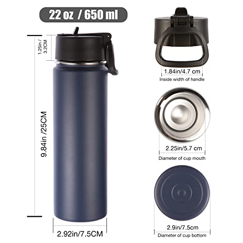 Image of Volhoply Insulated Water Bottles with Straw Bulk 2 Pack, 22 oz Reusable Stainless Steel Sports Bottle with Handle Lid, Double Walled Vacuum Metal Travel Cold Water Cups with Wide Mouth (Navy,2 Set)