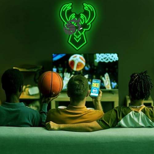 Image of Basketball Team Neon Sign, Sport Light Up Dimmable Milwaukee Basketball Team Logo Hanging USB Powered Led Neon Sign for Wall Decor, Bedroom, Man Cave, Party, Birthday Party Christmas Merch Deco Gift for Boys Teens Fans