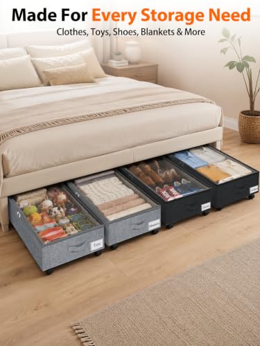 Image of punemi 10 inch Tall 75L Under Bed Storage Bins with Wheels, Rolling Storage Bin | Clear Lids,360 Wheels,for Clothes, Shoes, Blankets & Bedding, Closet, Shelf & Dorm Organization,2-Pack, Black