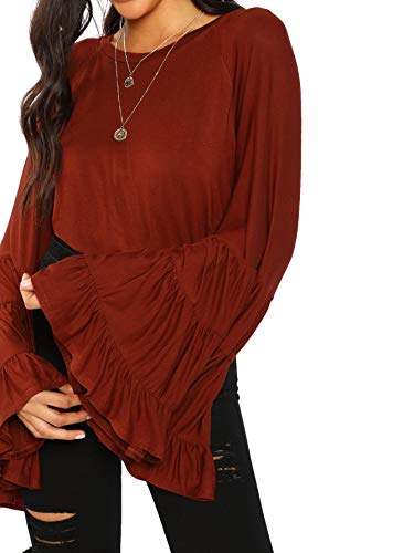Floerns Women's Casual Ruffle Bell Sleeve Loose Blouse Shirt Tops A Brown L