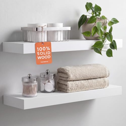 Homeforia White Floating Shelves 24 inch High End Solid Real Wood 24inch Bathroom Floating Shelf for Wall Mounted White Wooden 24in Floating Shelves Heavy Duty Bracket 24 X 6.5 X 1.75 in Set of 2