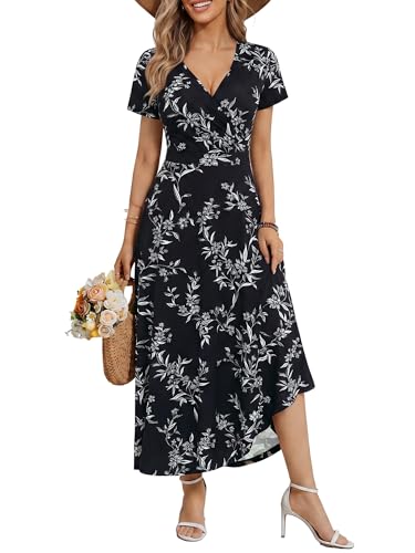 Image of HUHOT Women's Short Sleeve Wrap V Neck Dresses for Wedding Guest Summer Floral Maxi Sundresses with Pockets Boho Dress