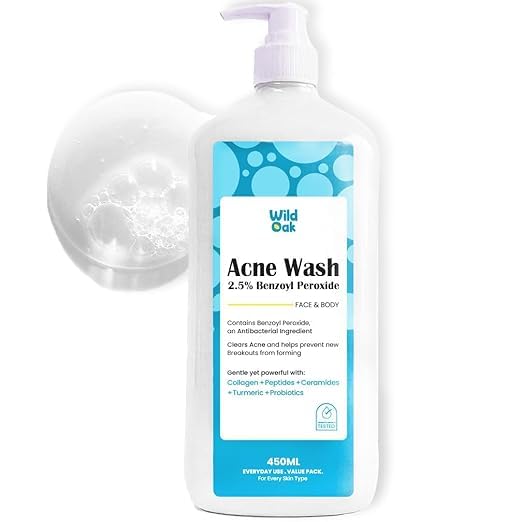 Wild-Oak 2 5 Benzoyl Peroxide Acne Face Body Wash For Back Acne Breakouts Unclogs Pores Turmeric Ceramides Non-Drying