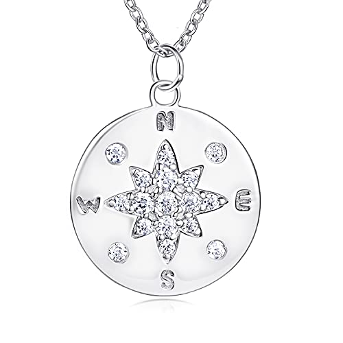 BlingGem Collier pour Femme Argent 925 Pendentif Étoile du Nord Collier Médaillon Boussole Direction Gravée Zircone Cubique Anniversaire Bijoux Cadeau pour Femme Cover
