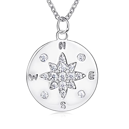 BlingGem Collana per Donne Argento 925 Sterline Pendente Stella Polare Collana Medaglione Bussola Direzione Incise Zirconia Cubica Gioielli per Anniversario Compleanno Regalo per Donne