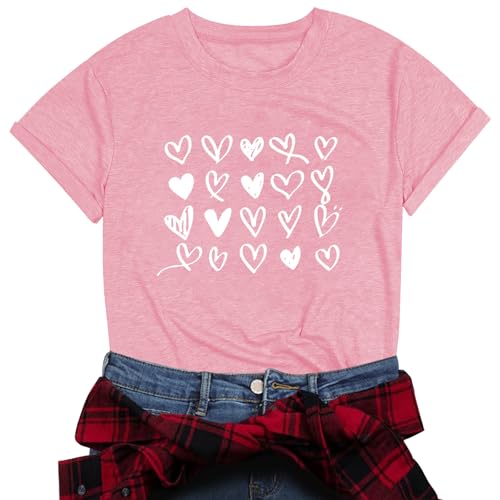 Image of Valentines Shirts for Women Valentine Love Heart Printed Graphic Tshirt Cute Girls Casual Top Lightpink