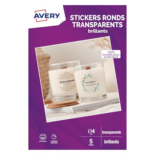 AVERY - Pochette de 120 autocollants ronds transparents personnalisables et imprimables - 4cm -...