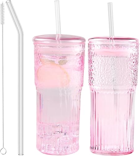 JunVpic Glass Coffee Cups with Lids and Straws, 20 OZ Pink Iced Water Glasses Tumblers for Ice...
