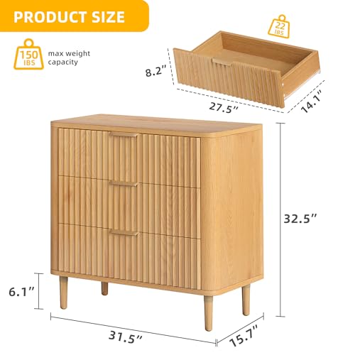 DWVO 3 Fluted Drawer Dresser Set of 2, 32.5 inch Tall and Wider Modern Dressers Chest of Drawers with Solid Wood Leg, Wood Storage Dresser Nightstand Organizer for Living Rooms,Hallways,Natural Oka