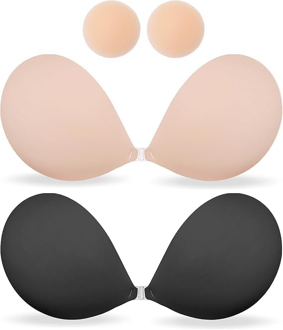 flizzow Women's & Girl's Strapless Push Up Wire Free Stick On Invisible Bra and 1Pair Nipple Covers,Adhesive Sticky Front Hook, Backless, Light Padded Bra Free-Size (Skin)-picture-36