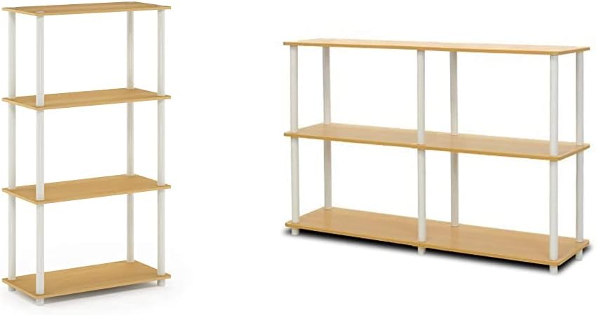 Furinno (99557BE/WH Turn-N-Tube 4-Tier Multipurpose Shelf Display Rack - Beech/White & 99130BE/WH 3-Tier Double Size Storage Display Rack, Beech/White