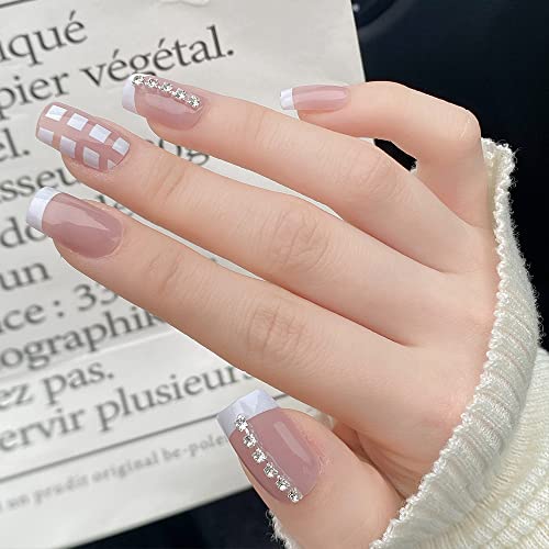Image of Secret Lives Premium Designer Reusable Artifical Press on Nails Pink Color with White Check Design & Studs Fake Nails 24 Pieces Set with Kit