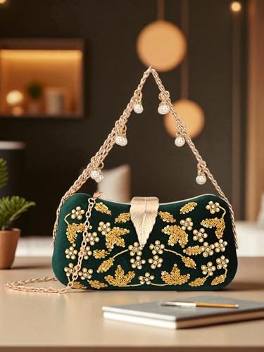 Image of TOOBA Handicraft Clutch Purse For Women with Sleek Design Embroidered Leaf Clutch| Trendy Stylish Bridal, Party, Wedding Sling Bag