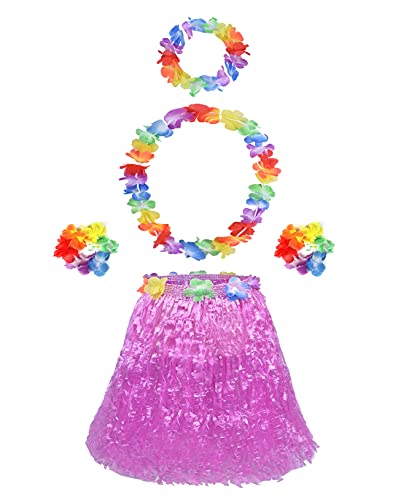 5pcs Hawaiian Hula Grass Skirt for Girls with Flower Costume Set for Luau Party Kids Dancing Accessory kit Pink