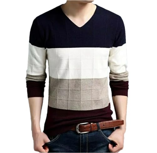 Men Simple Casual Long Sleeve Sweater V-Neck Color Block Jacquards Loose Knit Pullover - Main Image