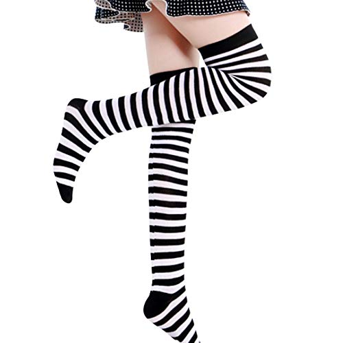Womens Long Socks Striped Thigh High Socks Cotton Over the Knee Socks Leg Warmers Christmas stockings (Black)
