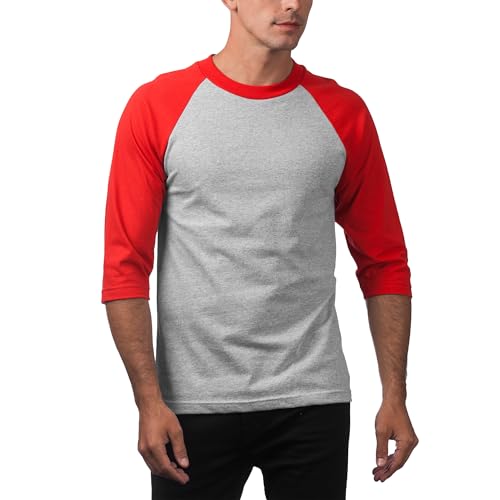 Camiseta de Béisbol para Hombre Pro Club de Manga 3/4 con Cuello Redondo, Gris Jaspeado/Rojo, Talla M miniatura 3