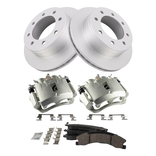 Image of TRQ Rear Brake Pad, Caliper, & Rotor Kit Ceramic Premium G-Coated Compatible with 2009 Chevrolet Express 3500 2009-2016 GMC Savana 3500