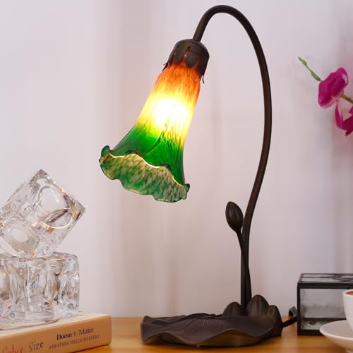 ANYONGLU Lily Lamp Tiffany Style Table Lamp 14.5 Inch Tall Tulip Flower Accent Desk lamp with Lotus Leaf Base (1-Light/Brown Blue)