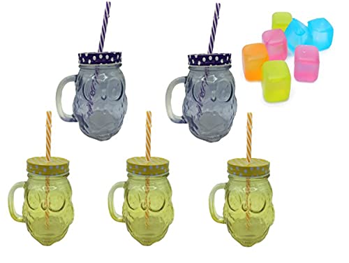 ML Pack de 5 Vasos de Cristal con Forma de Buho 500ml con Cierre de Rosca y Pajita de plástico Reutilizable + Regalo 6 Cubitera Reutilizable, plástico, Multicolor de 3cm -Amarillo