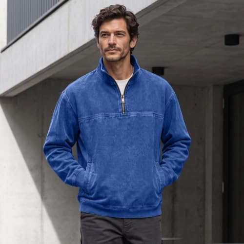 Denim Shirt Men Washed Retro Quarter Zip Pullover Top with Pockets - image 4