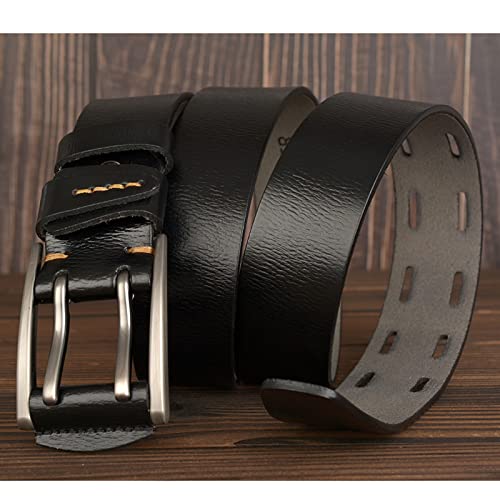 Double Prong Casual Jeans Belt, Double Grommet Holes Retro Style Handmade Soft Leather Waist Strap for Men & Women(115cm/waist:39", Black)2