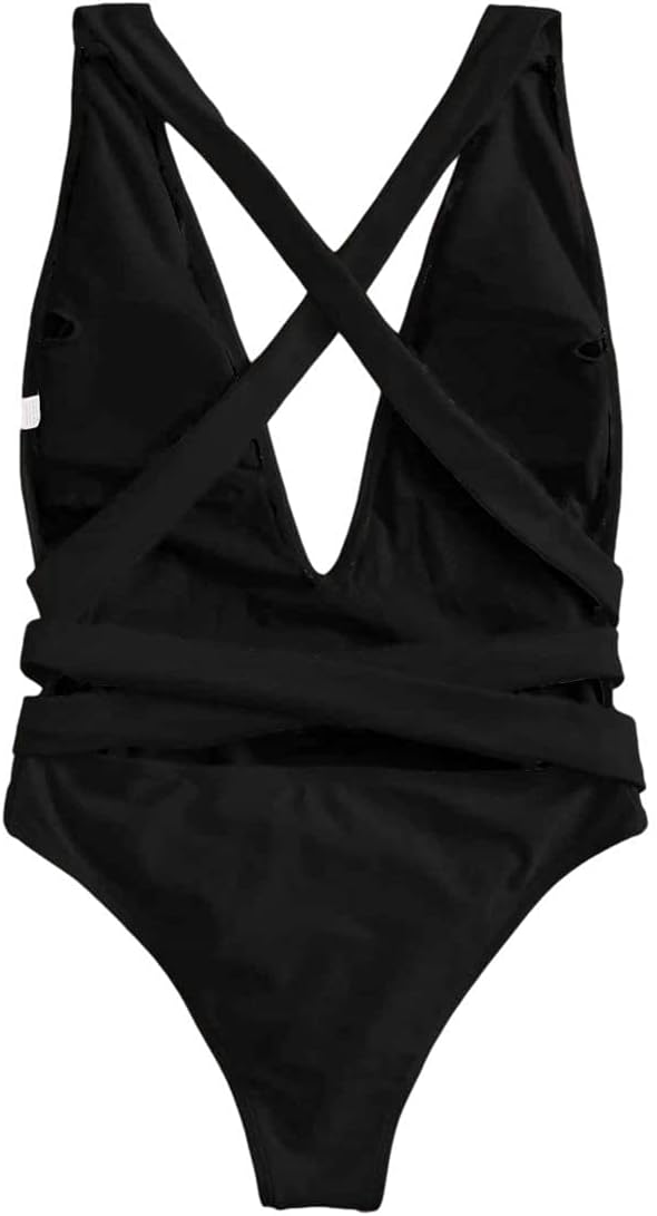 Lilosy Sexy Tie Criss Cross Plunge One Piece Thong Swimsuit High Cut Brazilian Bathing Suit