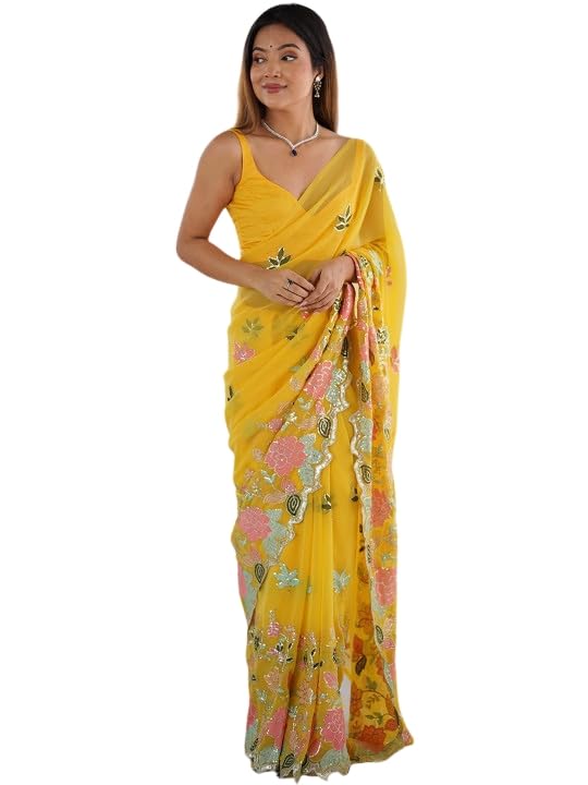 glamhart Designer Georgette Saree for Women with Sequins Embroidery Thread Work and Heavy Cutwork Border with Unstitched Blouse-picture-28