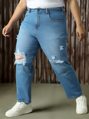 Image of High Star Plus Size Women Cotton Washed Mom Fit High-Rise Jeans