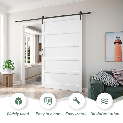 Image of Fredbeck 54x80 White Sliding Barn Doors and 9FT Hardware Kit Included,MDF,Solid PVC Surface,DIY Assembly,5-Panel,for Bedroom,Closet