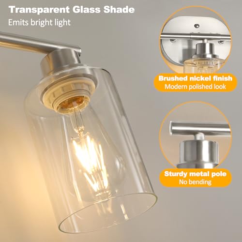 Image of Unicozin Bathroom Light Fixtures, 5 Light Vanity Lights for Bathroom, Brushed Nickel Wall Lamp with Clear Glass for Mirror, Living Room, Hallway, Cabinet, E26 Base