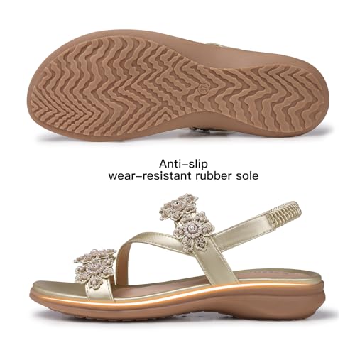 Image of TEMOFON Sandals for Women Flat Dressy Summer Flower Sandals with Ankle Strap Comfortable Casual Walking Flat Sandals Size 5-11