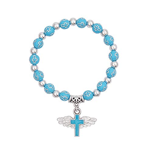 12 Pcs Baptism Pearl Angel Wing Cross Crystal Stretch Bracelet Recuerdos De Bautizo Communion Birthday Wedding Shower Favor For Boy And Girl (Angel Wing Cross Bracelet Blue Silver) #TOP1