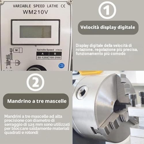 Tornio in miniatura in metallo, 900 W ad alta potenza con velocità variabile 50-2500 giri/min, lavorazione del modello di precisione per la lavorazione del legno