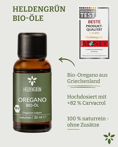 Heldengrün® BIO Oregano Öl [HOCHDOSIERT] mit +82% Carvacrol - Zertifiziertes Lebensmittel zum Einnehmen - Oreganoöl Bio aus Griechenland - Oregano Oil