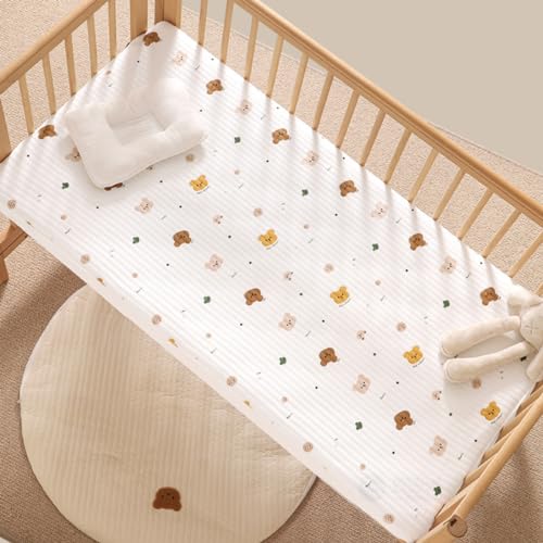 Sábana Bajera Ajustable Flor Conejito León Oso Estrella Luna Imprimir Algodón Ropa De Cama Para Bebés Saco De Dormir Cuna Juegos De SáBanas Ajustables Para Cuna De Bebé (Oso,80x160 cm)