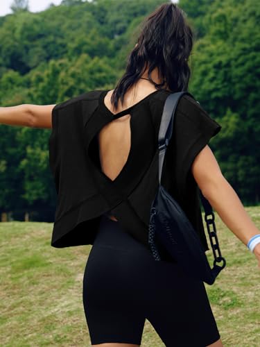 Image of SENSERISE Womens Open Back Workout Tops Backless Short Sleeve Athletic Shirt Running Crop Top Gym Yoga Tee
